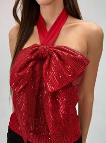 Chiquease Camiseta de tirantes finos con lazo y lentejuelas para fiestas, para mujer - Rojo - Ver 5
