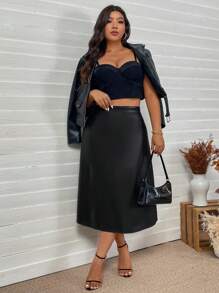 SHEIN LUNE Váy da giả co giãn cỡ lớn cho nữ, trang phục đi làm hàng ngày, trang phục thanh lịch, trang phục lễ Tạ ơn, trang phục công sở, trang phục năm mới cho nữ, trang phục công sở thường ngày cho phụ nữ, phong cách quý tộc - màu đen - Xem 2