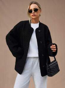 Forever 21 Fall & Winter Women's Black Collared Women Clothing Elegant Women Coat Long Sleeve New Years Summer Women Winter Coat Holiday Thanksgiving Elegant New Year Eve Christmas Warm Comfortable Essential Oversize Coat - Black - View 2