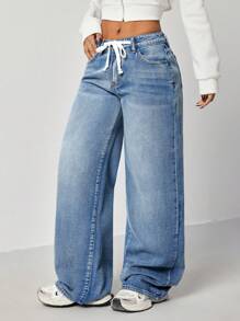 SHEIN EZwear Women's Autumn Belted Waist Pocket Loose High Waist Wide Leg Casual Jeans