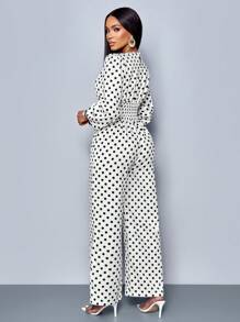 SOLERSUN Bộ đồ mùa đông cho nữ, trang phục công sở thanh lịch, ngày lễ tình nhân, tiệc năm mới, giáng sinh, phong cách Pháp cổ điển, cổ chữ V, tay áo bo gấu, chấm bi, áo liền quần màu trắng, vải thu cho nữ - Đen và trắng - Xem 2