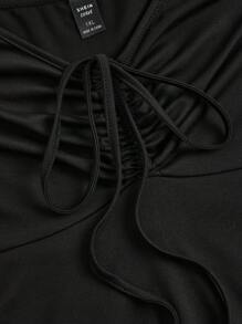 Sweetra 大码休闲不对称下摆收腰连衣裙 - 黑色 - 查看 5