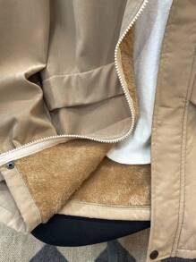 Tween Boy Korean Style Patchwork Pattern Thermal Lined Jacket, Suitable For Commuting, School, Casual, Sports, Autumn/Winter - Khaki - View 3