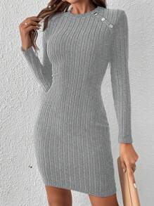 SHEIN Frenchy 女式纯色圆领罗纹纽扣设计迷你长袖连衣裙，秋季' - 灰色 - 查看 5