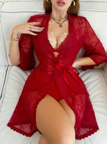 2pcs Women Lace Patchwork Hollow Out Crop Top And Lace Robe Sleepwear Set