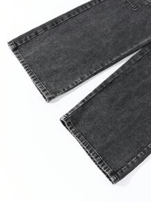 SHEIN Teen Girls Vintage Street Style Loose Relaxed Multi-Pocket Casual Black Baggy Denim Cargo Wide Leg Pants - Black - View 3