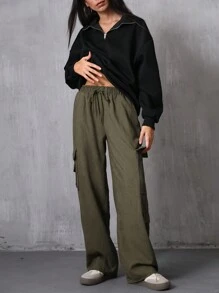 GENKIRA 休闲高街时尚女士灯芯绒低腰抽绳工装裤，大口袋，直腿宽松长裤，秋季 - 軍綠色 - 查看 2