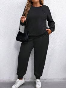 SHEIN LUNE 2pcs Plus Size Casual Solid Sweatshirt And Sweatpants Set, Autumn/Winter