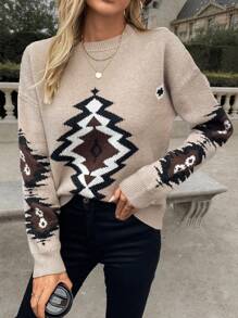 SHEIN LUNE 女士复古舒适多色几何图案长袖套头毛衣针织衫秋冬款 - 彩色 - 查看 6