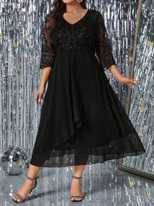 SHEIN Clasi Plus Size Women V-Neck Embroidered Contrast Mesh Elegant Dress Maxi Women Outfit