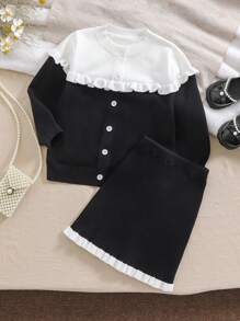 SHEIN Girl's Patchwork Frill Trim Cardigan And Knitted Skirt Set, Cute And Elegant Black-White Combination, Fashionable & Versatile, Suitable For Party And Holiday Wear