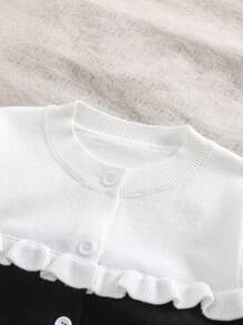 SHEIN Girl's Patchwork Frill Trim Cardigan And Knitted Skirt Set, Cute And Elegant Black-White Combination, Fashionable & Versatile, Suitable For Party And Holiday Wear