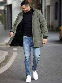 Manfinity Homme 冬季大码男士纯色长袖拉链口袋连帽休闲棉服外套