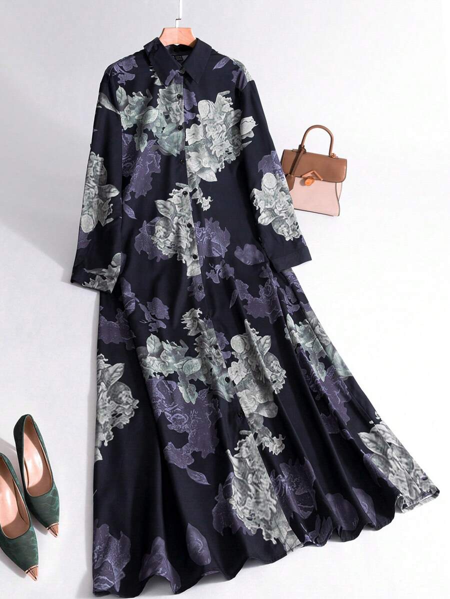 Lacomfia 大码优雅花卉满版印花前扣连衣裙 - 彩色 - 查看 1