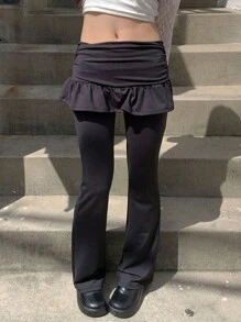 DAZY Women's Solid Color 2 In 1 Skirt With Fitted Stretch Pants, Black, All Season