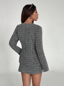 Lunelith SHEIN Lunessa 2 piezas Outfit casual de mujer para ir al trabajo o de compras: Blusa de botones de manga larga informal y falda de tweed de cintura baja