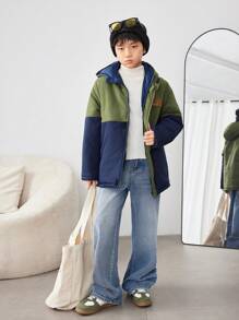 Tween 男童休闲拼色加垫拉链连帽冬季加厚绗缝外套 - 綠色 - 查看 3