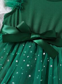 SHEIN Glamorique Kids Young Girl Round Neck Patchwork Sequin Mesh Cap Sleeve Waist Bow Cute Dress