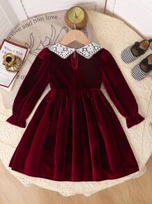 Genkimix Kids Young Girls Black Long Sleeve Ruffle Collar Velvet Long Dress, Casual Everyday Wear, Autumn/Winter - Burgundy - View 2