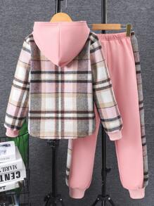 Tween Girl Plaid Hooded Jacket And Drawstring Pants 2pcs Set