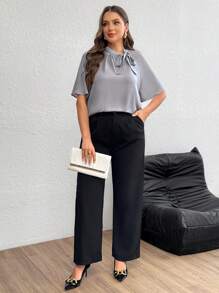 SHEIN Privé 大尺碼純色綁領基本款拉甘袖上衣 - 淺灰色 - 查看 5