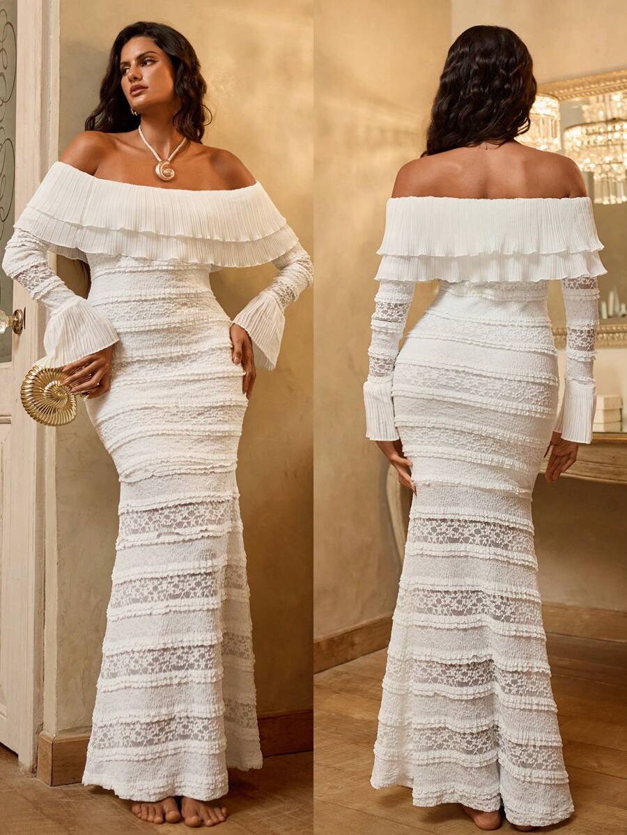 Opulessa 秋冬派对圣诞性感优雅女士纯色针织蕾丝荷叶边长袖修身连衣裙，适合度假