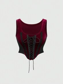 ROMWE Áo ngực dây mảnh ghép ren phong cách Gothic dành cho nữ, áo hai dây nhung, dành cho ngày lễ tình nhân - Màu Đỏ Sâu - Xem 1
