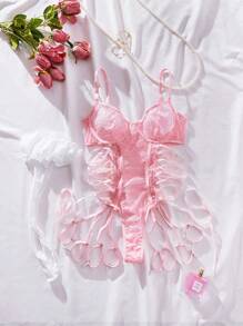 SHEIN Floral Lace Up Side Cami Bodysuit With 1pair Stocking & 1pair Stocking, Lingerie - Pink - View 6