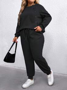 SHEIN LUNE 2pcs Plus Size Casual Solid Sweatshirt And Sweatpants Set, Autumn/Winter