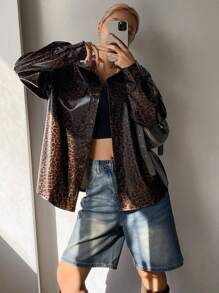 DAZY Women Leopard Print PU Leather Shirt, Minimalist Fashion Casual Everyday
