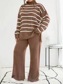 RueChic Striped Pattern Drop Shoulder Sweater & Flare Leg Knit Pants - Camel - View 6