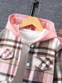 Tween Girl Plaid Hooded Jacket And Drawstring Pants 2pcs Set