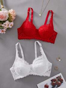 DesireSculpt 2pcs Set: Elegant Solid Lace Push Up Underwire Bra Lingerie - Multicolor - View 4