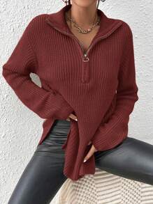 SHEIN Frenchy 半拉链落肩粒纹黑色毛衣