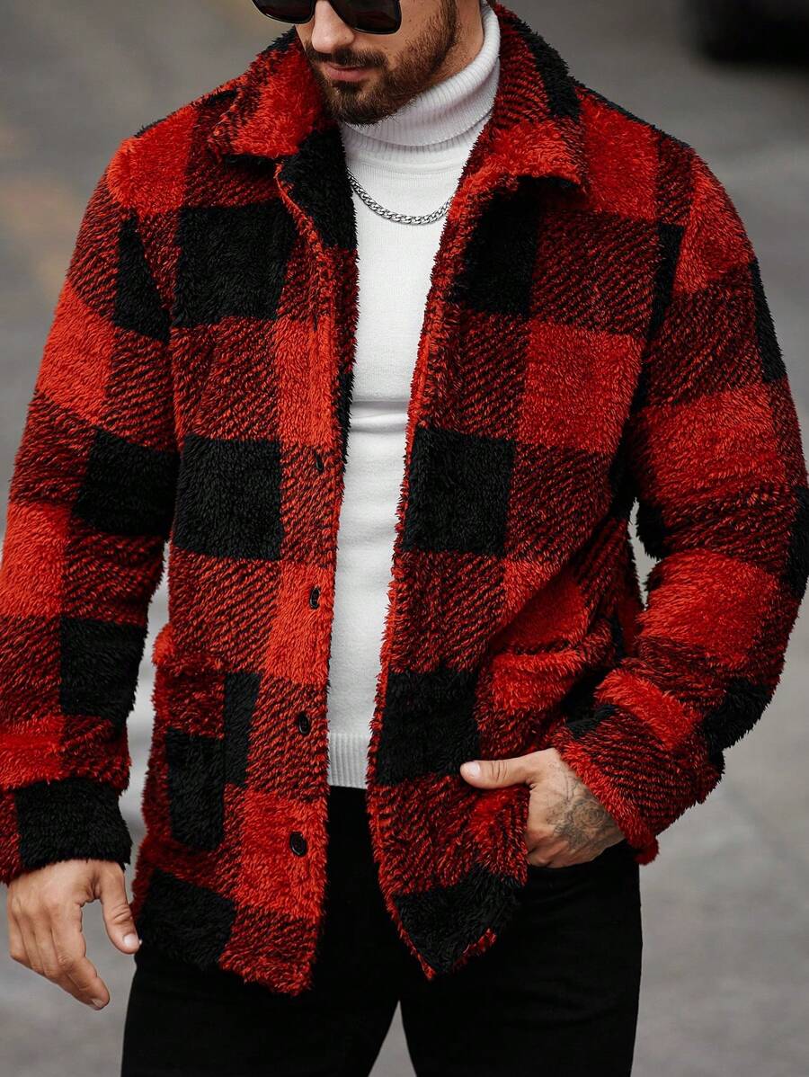 Manfinity Homme Men's Loose Fit Plaid Fleece Long Sleeve Single Breasted Casual Jacket, Autumn Winter,Men Flannel,Winter Men Jacket, Men Red And Black Plaid Jacket, Men Red Flannel Jacket, Men Shaggy Jacket - Multicolor - View 1