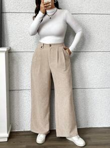 Flirla 大码女式宽松纯色威尔士灯芯绒阔腿裤