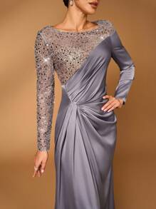 Serin 优雅奢华深灰色蕾丝刺绣缎面褶皱长袖美人鱼连衣裙，适合婚礼、派对、度假、联欢会、新娘送礼会活动、新娘母亲 - 深灰色 - 查看 7