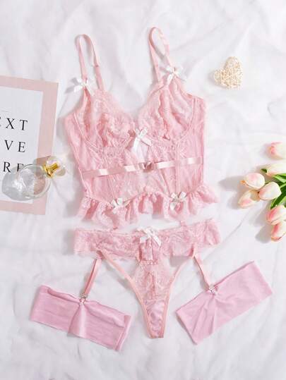 Bloemen Kanten Bow Front Garter Lingerie Set 1pair Leg Ring Tie view 6