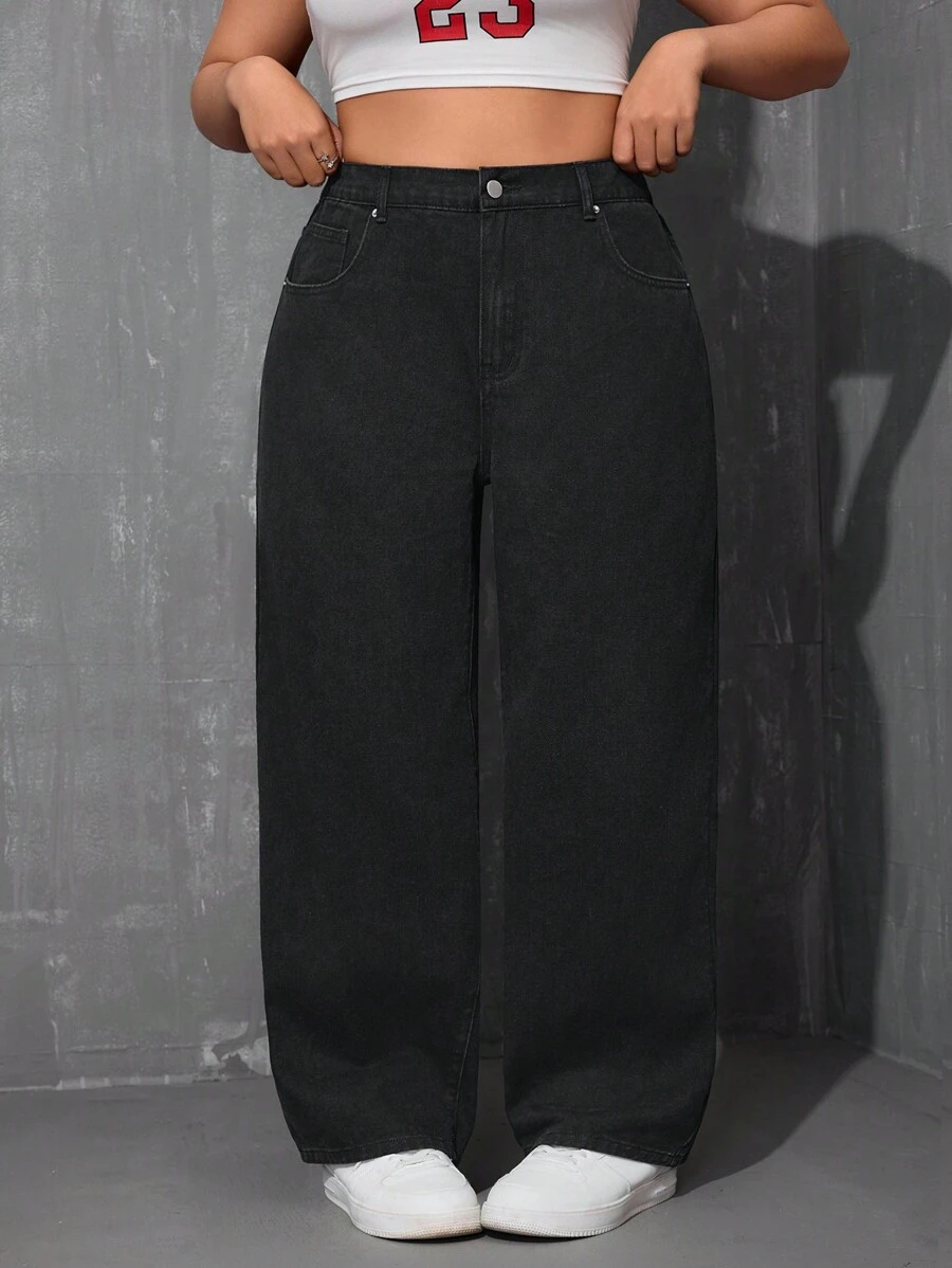 SHEIN ICON 大碼素色闊腿牛仔褲