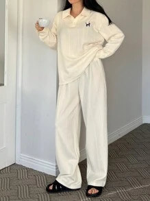 DAZY Dog Print Textured Knit Fabric Half-Zippered Loose Collar Loungewear Set Pajama - Beige - View 5