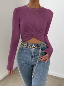 Chiquease 纯色圆领长袖毛衣，简约风格，适合日常休闲穿着，秋冬季针织套头衫 - 紫色 - 查看 3