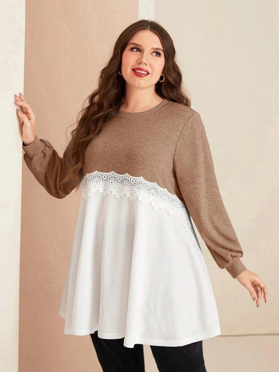 EMERY ROSE Plus Size Autumn Casual Contrast Color Lace Trim Sweatshirt - Camel - View 1