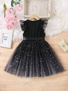 SHEIN Glamorique Kids Young Girl Fashion Party Star Mesh Overlay Dress - Black - View 2