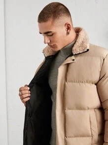 RueChic Men Fur Collar Regular Slant Pocket Padded Coat - Beige - View 4