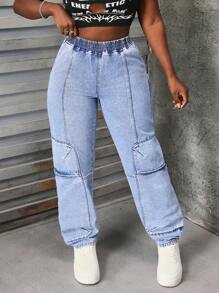 SHEIN Slayr Women's Stretchy Waist Versatile Mid-Rise Loose Flared Leg Jeans - Light Wash - View 6