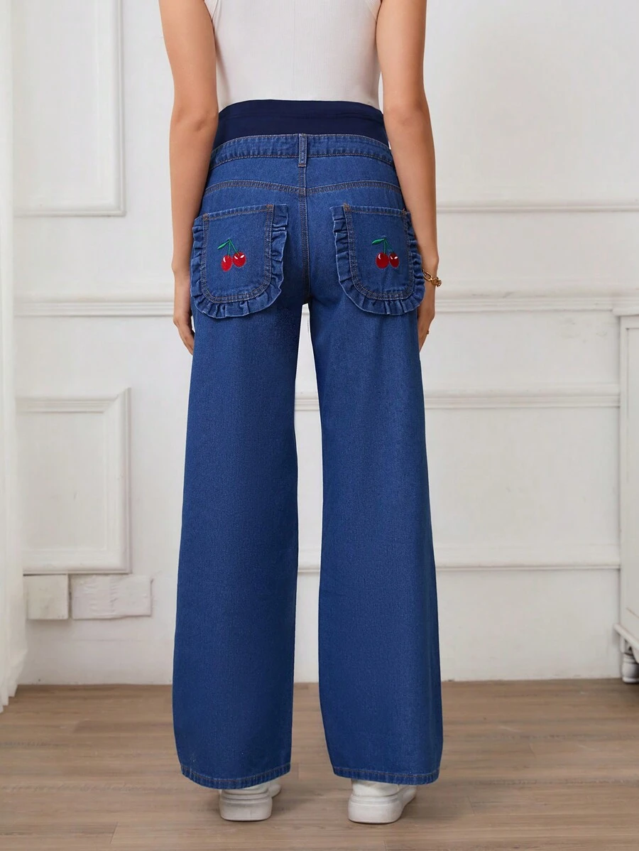 SHEIN 孕妇樱桃刺绣高腰休闲牛仔裤 - 中等水洗藍 - 查看 1