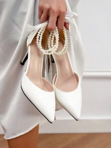 CUCCOO HITCHD Women's Pointed Toe High Heel Shoes With Pearl, Romantic Elegant Bowknot Lace-Up Bridal Wedding Pumps For Bride And Bridesmaids Valentines - White - View 7