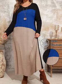 EMERY ROSE 大码圆领长袖拼色宽松优雅休闲连衣裙秋季女士连衣裙