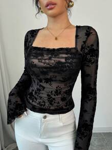 Elenzga Women's Floral Flocked Mesh Square Neck Long Sleeve Elegant T-Shirt For Spring