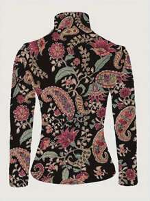 Elegaris Atasan lengan panjang model turtleneck motif paisley vintage, kain lembut dan elastis, blus motif bunga gaya retro yang serbaguna. - MultiWarna - View 5